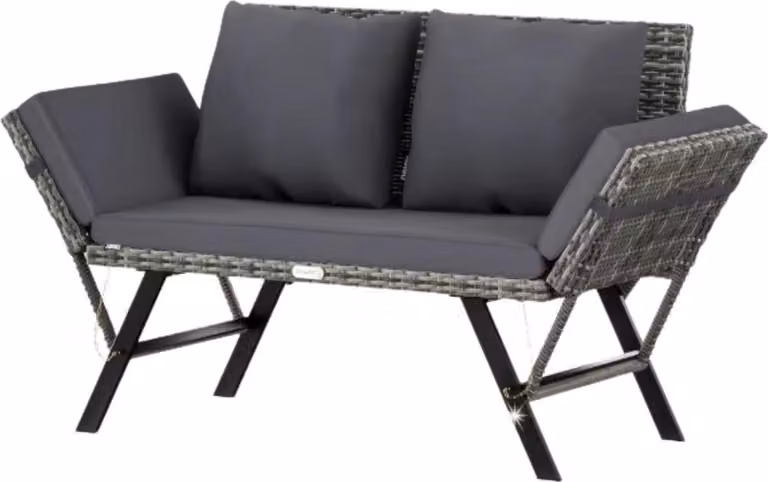 Ławka ogrodowa z polyrattan – 3-osobowa z regulowanymi podłokietnikami – odporna na warunki atmosferyczne – z poduszkami – szara – do ogrodu, tarasu i balkonu
