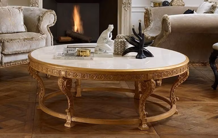 Casa Padrino stolik kawowy w stylu barokowym z marmurowym blatem kolor naturalny / biały - Okrągły stolik do salonu w stylu barokowym - Meble w stylu barokowym - Barokowe wnętrze - Szlachetny i wspaniały - Luksusowa jakość - Wyprodukowano we Włoszech
