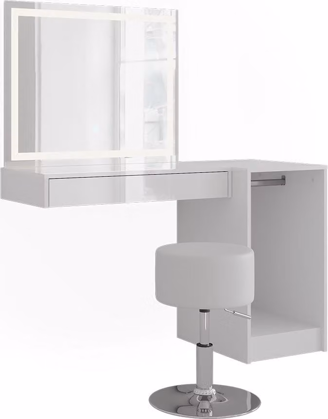 Stół do toalety Vicco Sherry Biały/Biały wysoki połysk 120.2 cm z lustrem LED, taboretem i modułem z drążkiem na ubrania, Model 57725