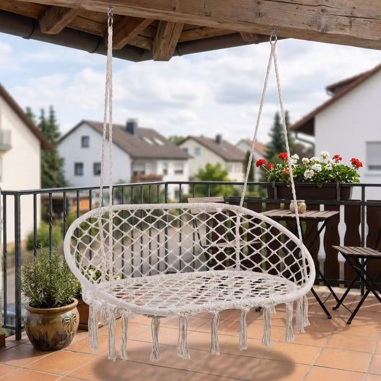 Fotel wiszący „Kailua” dla 2 osób, 135 x 129 x 65 cm, do 200 kg, do użytku wewnątrz i na zewnątrz, styl boho, kremowo-biały
