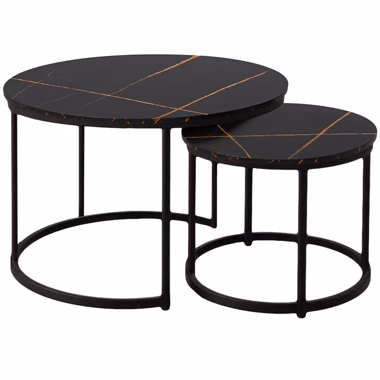 Stoliki kawowe okrągłe zestaw stolików loft fi 70x47 fi 50x39 marmur czarny + złoty