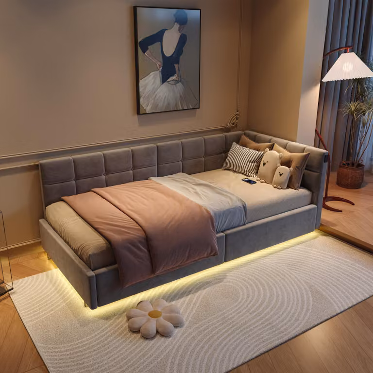 Pojedyncze łóżko 90x200 cm z miejscem do przechowywania i oświetleniem LED, łóżko tapicerowane aksamitem z podnośnikiem hydraulicznym, złącze ładowania USB i Type-C