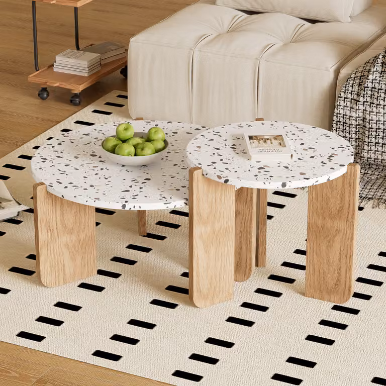 Zestaw stolików kawowych Merax Scandi, zestaw 2 stolików bocznych z drewnianymi nogami, okrągły zestaw stolików kawowych, białe stoliki do salonu 70x70x35/50x50x45,5cm