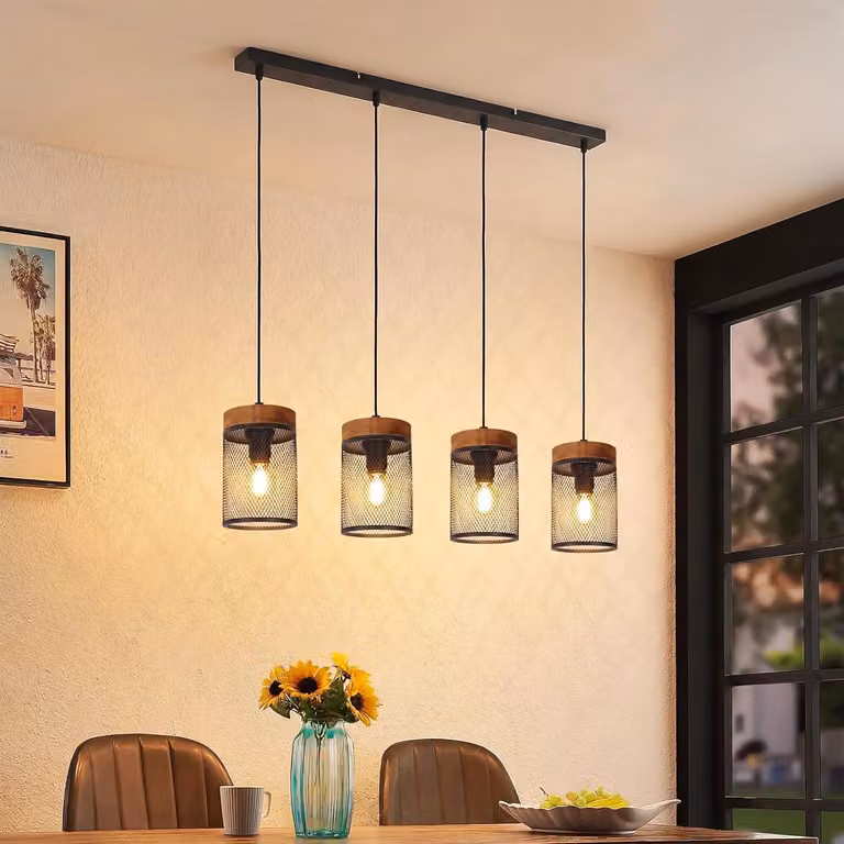ZMH Lampa wisząca drewniana czarna Lampa wisząca nad stół jadalny 4-punktowa Lampa nad stół jadalny E14 Lampa wisząca metalowa Dekoracja do salonu, jadalni, kuchni, restauracji