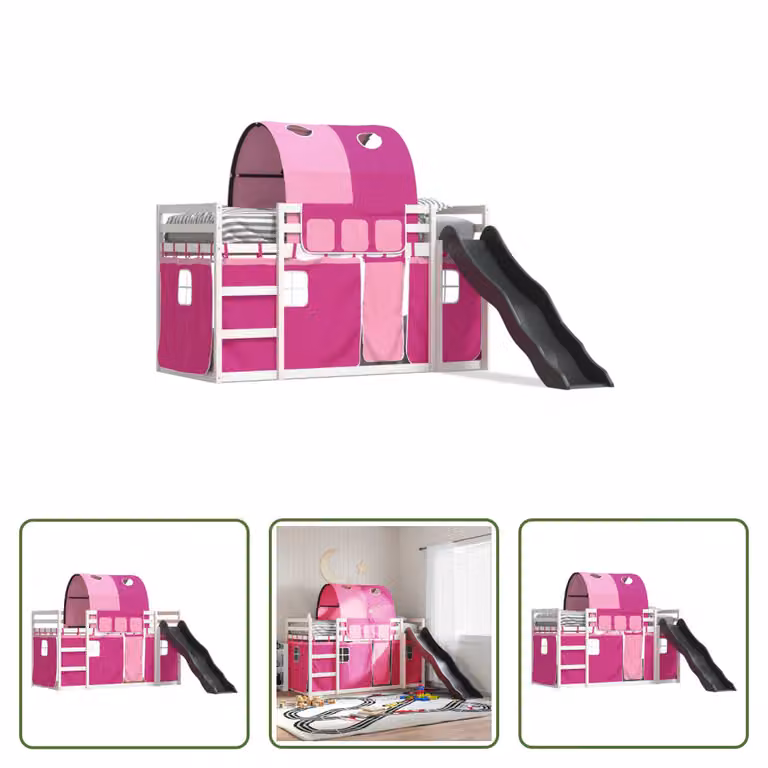 The Living Store Łóżko piętrowe ze zjeżdżalnią i zasłonami Pink 90x200 cm