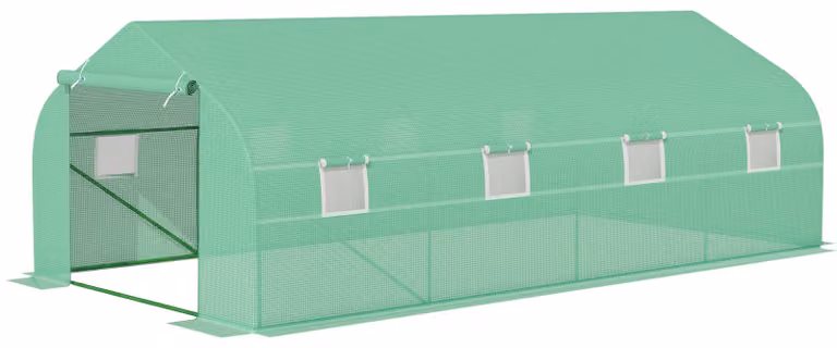 Namiot tunelowy do uprawy pomidorów, szklarnia foliowa XXL, dostępna od przodu, stalowa rama ocynkowana, folia PE, kolor zielony | 21,5 kg | 8 okienek siatkowych | 595 x 300 x 200 cm