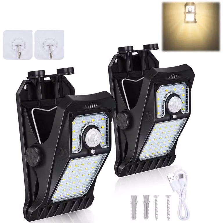 2 sztuki solarnych lamp ogrodowych LED z klipsem i czujnikiem ruchu, wodoszczelne (IP65), 3 tryby pracy, lampa solarna do użytku zewnętrznego z możliwością ładowania przez USB, oświetlenie ogrodzeniowe, lampa solarna do użytku podczas kempingu, emitująca