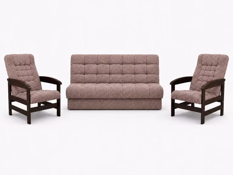 ANMIL SET: Rozkładana sofa OLIO z 2 fotelami, w ciemnoróżowym materiale CORAL. Komplet mebli tapicerowanych składający się z sofy i 2 foteli, z funkcją spania, pojemnikiem na pościel i nogami w ciemnym odcieniu orzecha