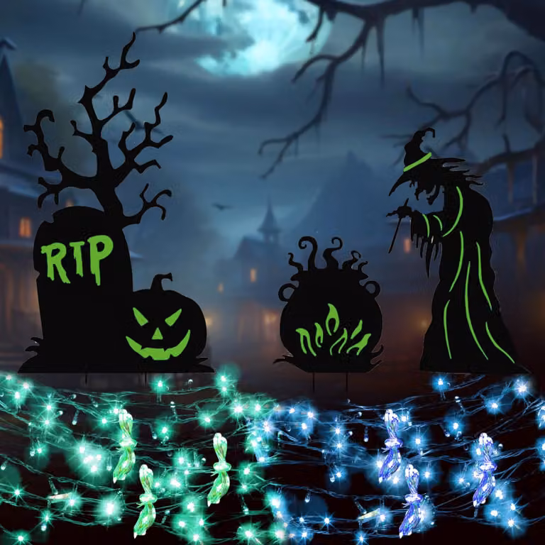 3 nagrobki na Halloween z 6 girlandami LED, długość 3 metry, 90 diod LED, dekoracja cmentarza