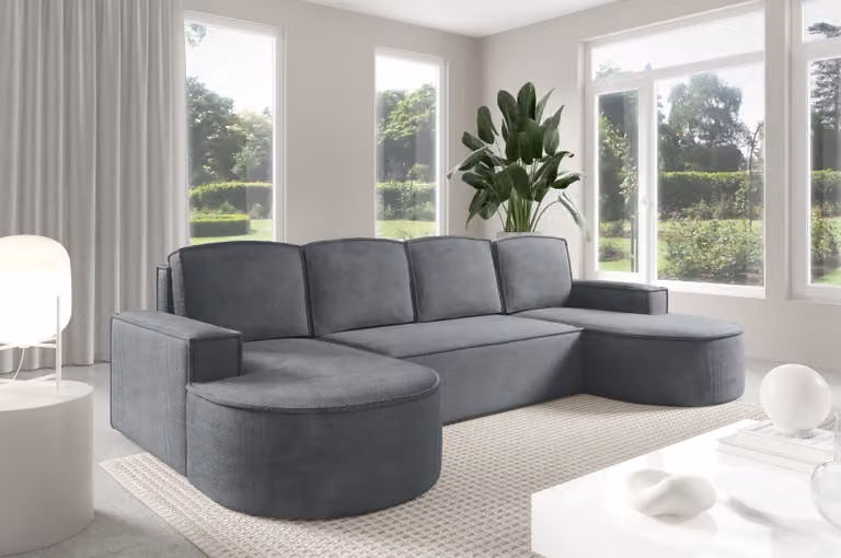Sofa narozna Sofello Molly U-shape o zaokraglonym ksztalcie w kremowo-bezowo-szarym welurze - modny zaokraglony ksztalt! Nowosc 2026 (z funkcja spania)