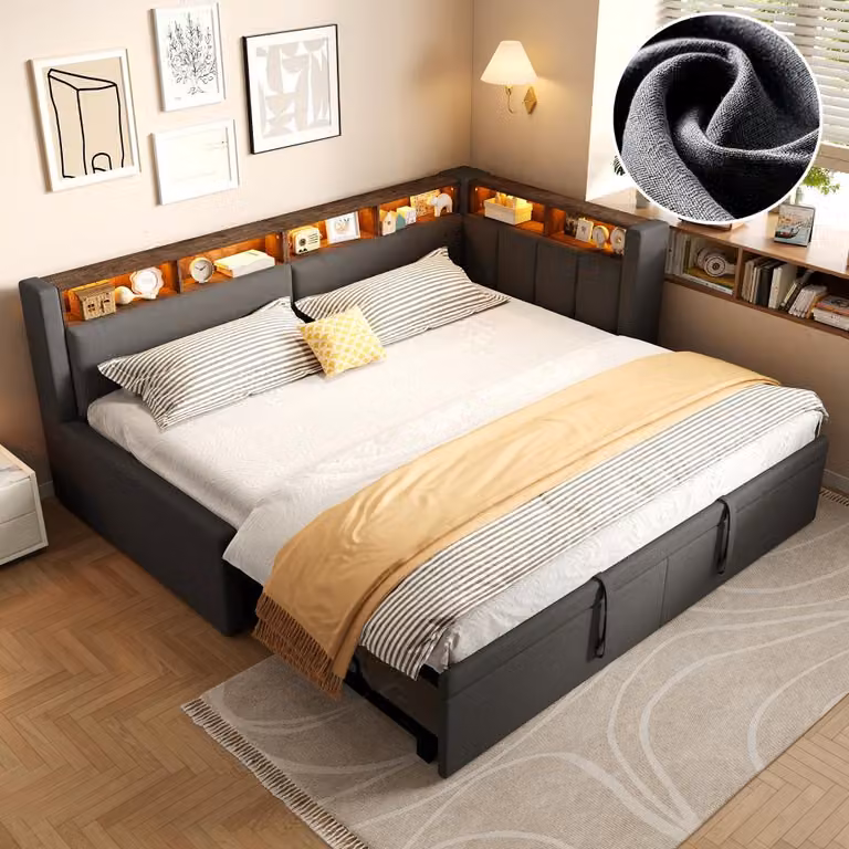 Rozkładana sofa z lnu, wyposażona w oświetlenie LED i otwartą przestrzeń do przechowywania. Bez materaca. Minimalistyczna sofa gościnna i pojedyncza, dostępna w wymiarach 90 x 200 cm lub 180 x 200 cm, kolor: szary