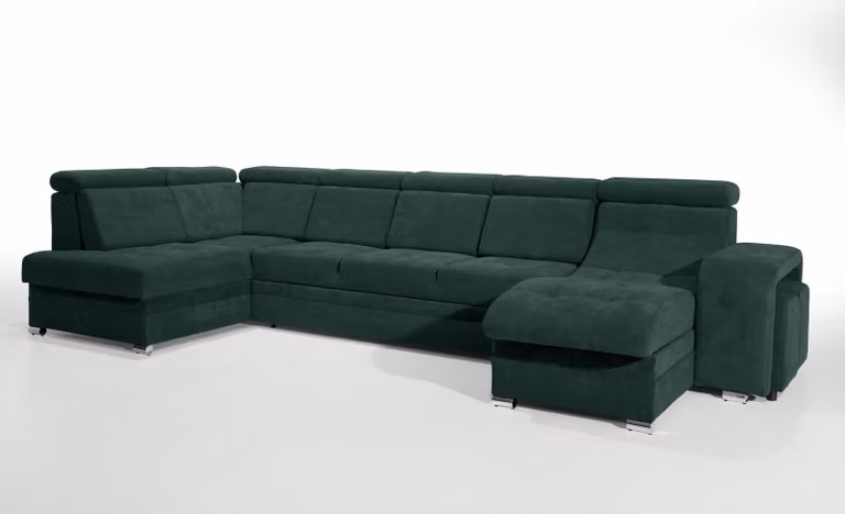 Robin Milan sofa narożna z funkcją spania 2X pojemnik na pościel 7X zagłówki 2X taborety Sofa rozkładana w kształcie litery L Narożnik wolnostojący rozkładany Meble do salonu Krajobraz salonu Antracyt Butelkowa zieleń