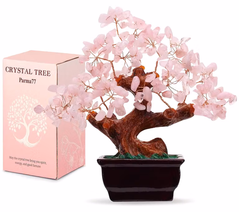Dekoracja w stylu bonsai, wykonana z kryształu różowego, imitująca drzewo, w stylu Feng Shui, marka Parma77. Idealna do dekoracji domu, szczególnie w celu poprawy energii i harmonii
