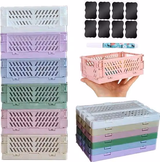 SnelShoppen - Zestaw 6 składanych pojemników do przechowywania - Mini pojemniki 15 x 10 x 5,5 cm - Kolorowe, możliwość układania w stos, idealne do organizacji w domu, biurze i kuchni