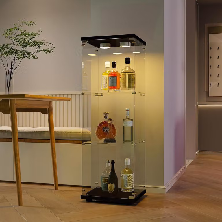 Szafka witryna szklana - Kolekcjonerska szafka z oświetleniem LED - Do prezentacji przedmiotów - Szkło hartowane - Wysokość 125 cm - Czarny kolor