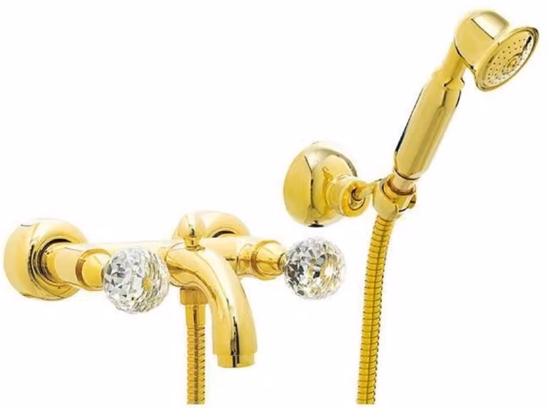 Luksusowa bateria wannowa Casa Padrino ze słuchawką prysznicową i wężem w kolorze złotym - Bateria wannowa ścienna ze szkłem kryształowym Swarovski - Luksusowe akcesoria łazienkowe - Wyprodukowano we Włoszech