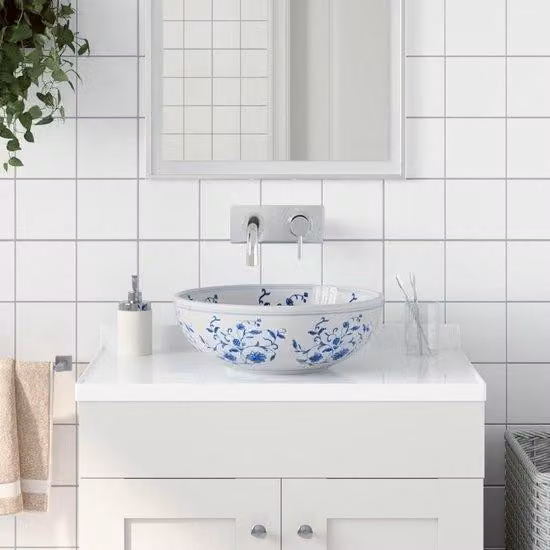 Umywalka ceramiczna - umywalka nablatowa - dekoracja łazienki - unikalny wzór ręcznie wykonany - 41 x 14 cm - niebiesko-biała
