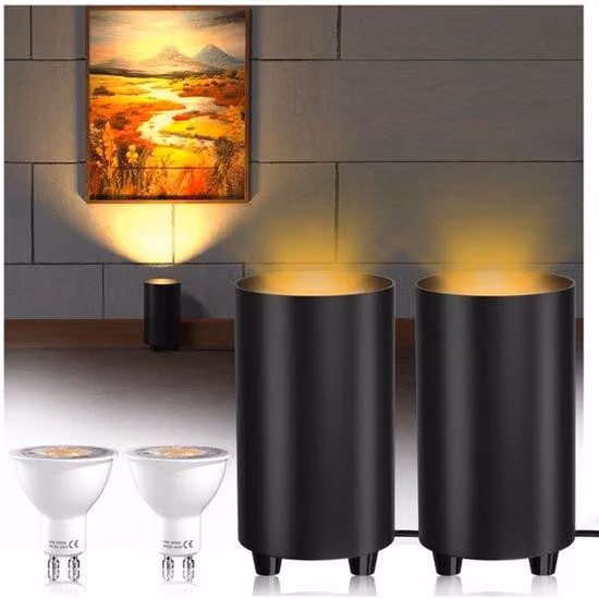 GU10 Reflektor podłogowy, 5W, do oświetlenia skierowanego w górę, stalowa lampa z włącznikiem nożnym, 2 żarówki LED GU10 o ciepłej bieli (3000K), nieściemnialne, czarne (zestaw 2 sztuk)