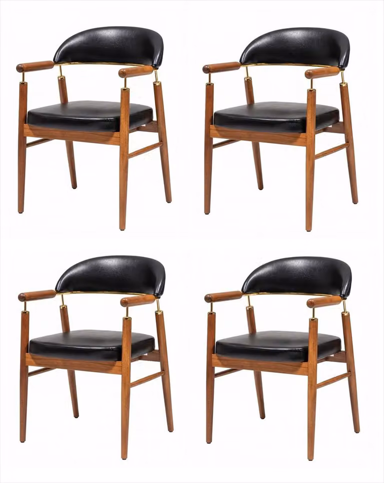 4 krzesła do jadalni, czarne, z podłokietnikami, wykończenie orzechowe, złote akcenty, tapicerka skórzana, nowoczesny, elegancki design