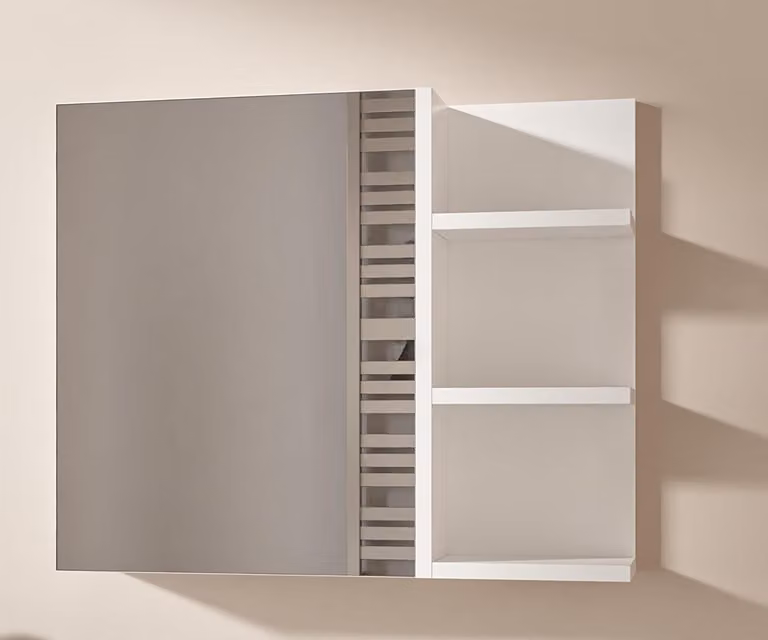 Biała Szafka Łazienkowa z Lustrem i Półkami 60x50 cm Wisząca Jednodrzwiowa Otwieranie Bezuchwytowe Półki Prawa