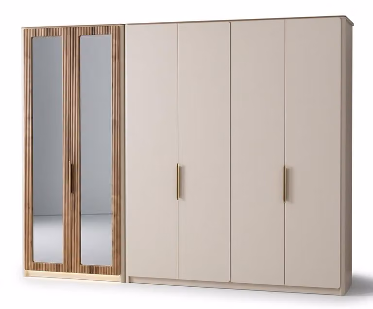 Elegancka, skandynawska szafa w kolorze beżowym, luksusowa, szafa z 6 drzwiami, z lustrem