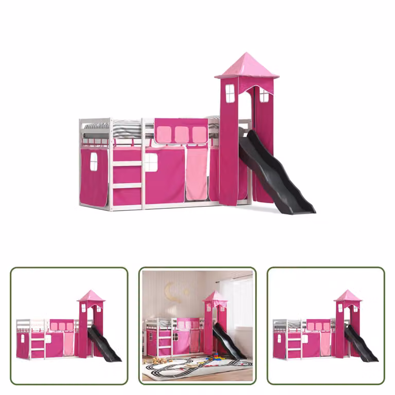 The Living Store Łóżko piętrowe ze zjeżdżalnią i zasłonami Pink 90x200 cm