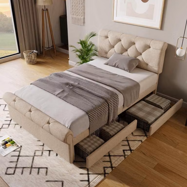 Łóżko tapicerowane z regulowanym zagłówkiem i 2 szufladami, wzór Chesterfield, naturalne drewno, bez materaca, łóżko pojedyncze 90x200 cm