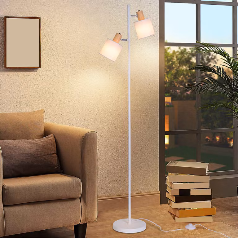 ZMH lampa podłogowa do salonu lampa podłogowa vintage - 145cm lampa podłogowa z dwiema żarówkami E14 biały klosz z tkaniny z przełącznikiem nożnym retro przemysłowa tkanina obrotowa do salonu sypialnia (bez żarówki)