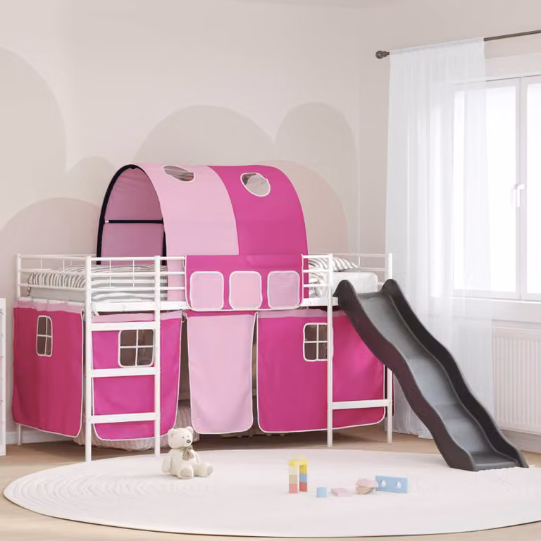 Maison Exclusive - Łóżko piętrowe dla dzieci z zasłonami, białe i różowe, 80 x 200 cm