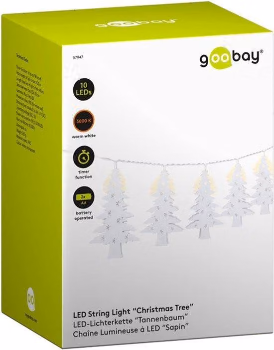 57947 Łańcuch świetlny LED z funkcją timera, zasilany bateriami, oświetlenie LED do zawieszenia, lampki do wnętrz, z 10 diodami LED, barwa ciepła (3000 K), klasa szczelności IP20, kolor biały, przezroczysty