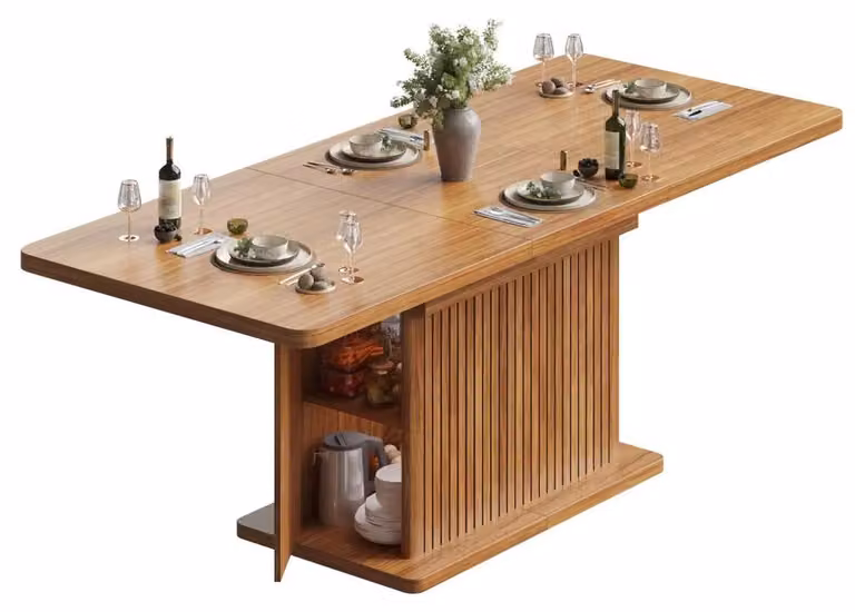 Stół jadalniany - rozkładany - 120–160 × 80 × 76 cm - Ukryta przestrzeń do przechowywania - Pionowe żłobienia - Wykonany z MDF i metalu - Kolor brązowy