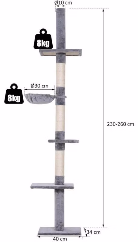 Drzewo dla kota Katzenbaum - Wieża dla kotów - Wysokość regulowana: 230–260 cm - 5 lub więcej poziomów - Wielopoziomowe - Słupki z sizalu do drapania - Dla kotów małych i dużych - Kolor: oliwkowy