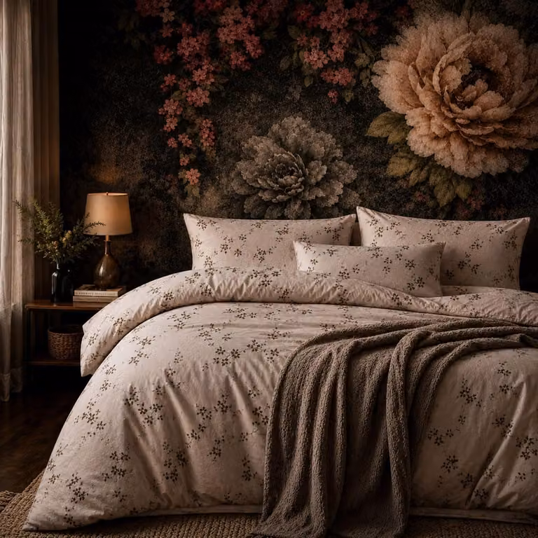 Komplet pościeli 135 x 200 cm, 4-elementowy, beżowy z czarno-białym wzorem kwiatów i gałęzi, wykonany z mieszanki bawełny i poliestru