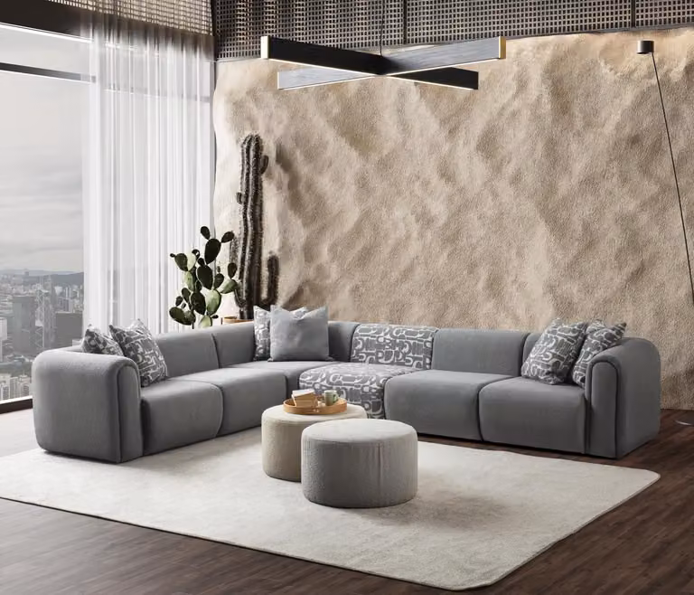 Szary zestaw do salonu Luksusowa sofa narożna Designerskie pufy Eleganckie meble
