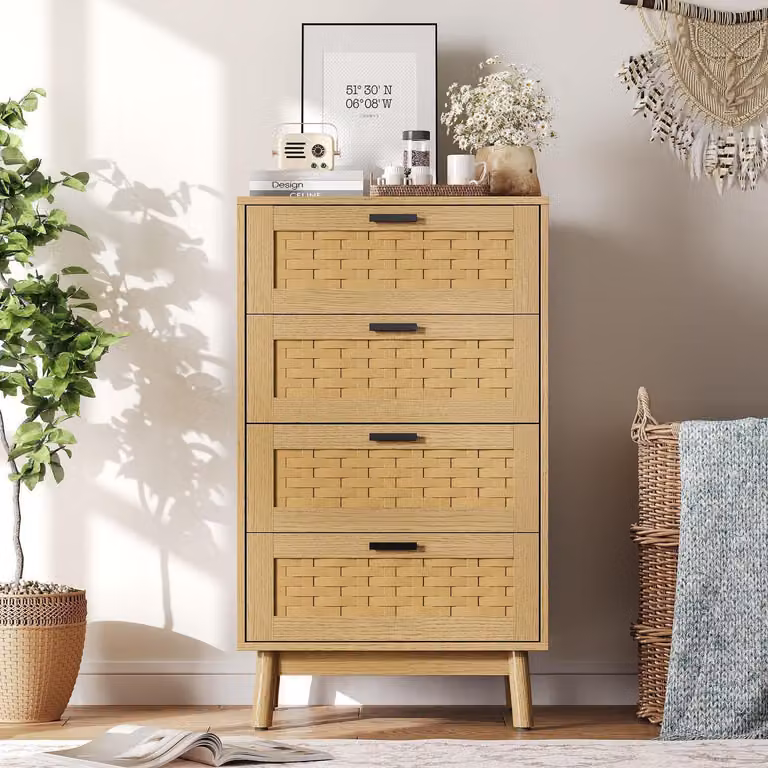 Komoda z 4 szufladami, imitująca rattan, wymiary: 55x40x95 cm. Komoda, szafka z szufladami, do salonu lub przedpokoju, styl naturalny
