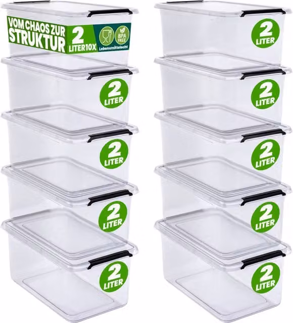 Zestaw 10 plastikowych pojemników do przechowywania Deuba z pokrywkami, kolor transparentny, W x S x G: 11,5 x 19,5 x 15 cm, pojemność 2 l
