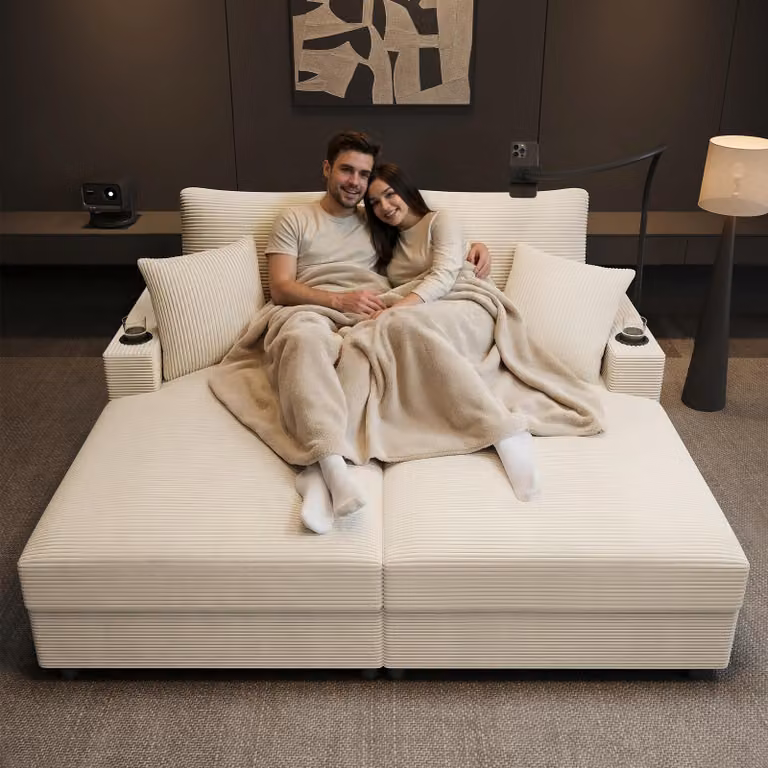 2-osobowa sofa rozkładana Merax, tapicerowana dwuosobowa sofa rozkładana z funkcją spania, poduszki, port USB, uchwyt na kubek, uchwyt na telefon komórkowy, tkanina sztruksowa, beżowy