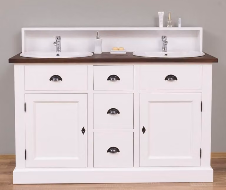 Umywalka podwójna w stylu rustykalnym Casa Padrino biały / ciemny brąz 147 x 51 x wys. 110 cm - Szafka pod umywalkę z litego drewna - Meble łazienkowe w stylu rustykalnym