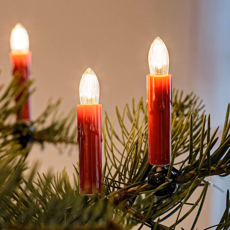 Światełko LED imitujące świece, 30 lamp, długość 20,3 m, barwa ciepła biel, czerwony, do użytku w pomieszczeniach