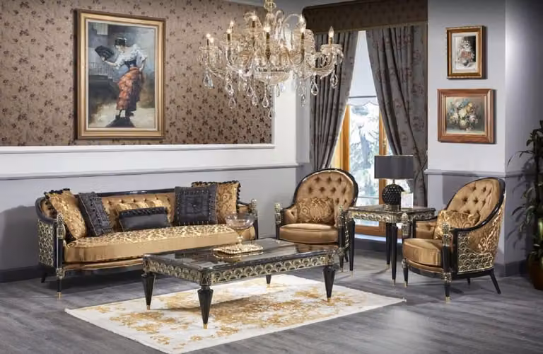 Casa Padrino barokowy zestaw do salonu złoty / czarny - 2 sofy i 2 fotele i 1 stolik kawowy i 2 stoliki boczne - Wystawne meble w stylu barokowym - Luksusowa jakość