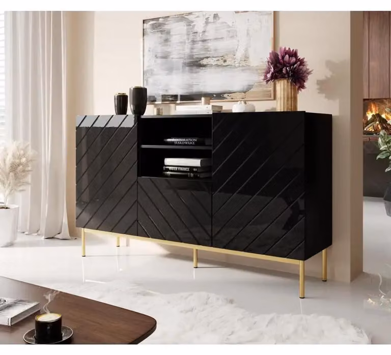Komoda ABETO na złotym stelażu ze stali 150x42x90 czarny/czarny połysk