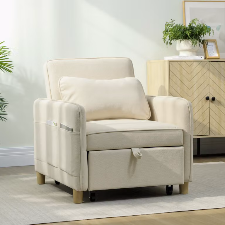 Fotel rozkładany 3 w 1 typu „klick-klack”, łóżko dla gości, fotel relaksacyjny, szezlong, poliester, beżowy | 85,5 x 74 x 82 cm | długość łóżka 180 cm | grubość wyściółki 14,5 cm