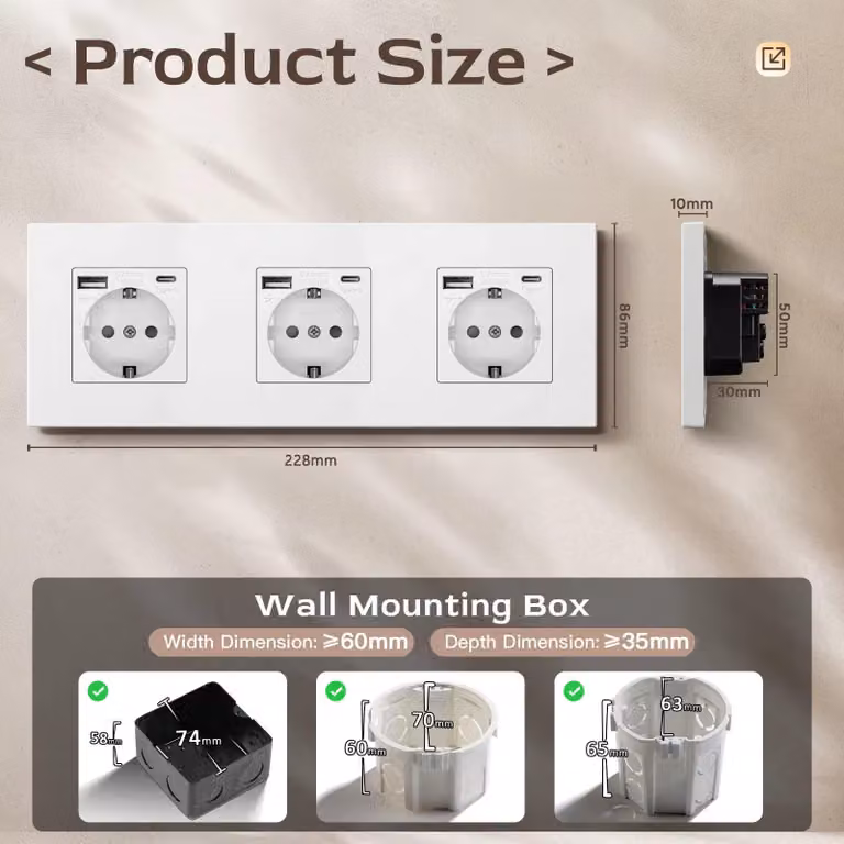 Gniazdo elektryczne z wtykiem - z portem USB-C - 16A - 110–240V - 228 mm - zestaw 10 sztuk - białe