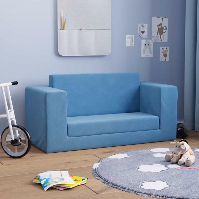 Maison Exclusive – dwuosobowa rozkładana sofa dla dzieci, niebieska, z miękkim pluszem