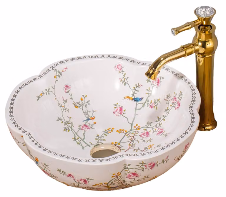 Zestaw umywalki ceramicznej, okrągły, o średnicy 42 cm, z baterią w złotym kolorze, wzór kwiatowy