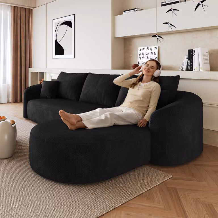 Sofa narożna, 266 cm, sofa kompresowana, bez sprężyn, modułowa, bez konieczności montażu (czarny)