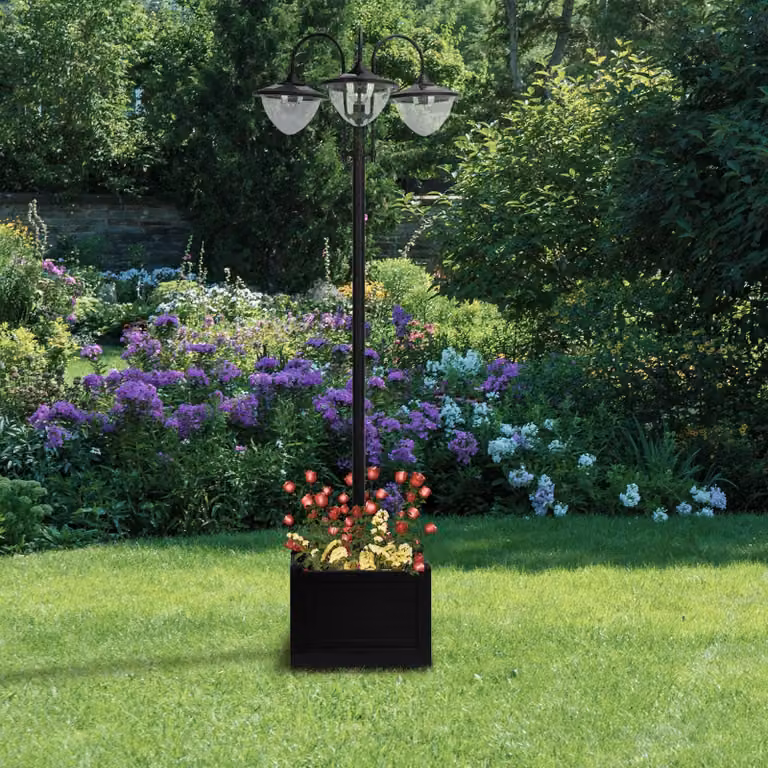 3 klosze, solarna lampa ogrodowa stojąca, metalowa, lampa zewnętrzna z regulacją światła, czarna | Podstawa w kształcie doniczki | IP44 | 189 cm