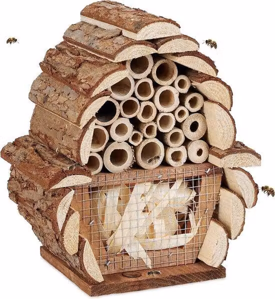 Unyqoos® Hotel dla owadów – dom dla dzikich pszczół, trzmieli i pożytecznych owadów, 2 komory, wymiary: 20,5 x 17,5 x 11 cm, wykonany z naturalnych materiałów, idealny do ogrodu i balkonu
