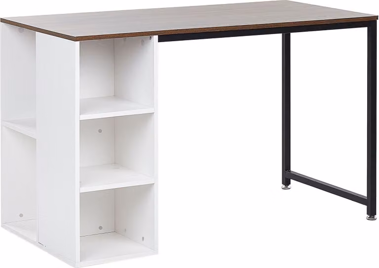 BELIANI Biurko ciemnobrązowy białe półki czarna metalowa noga 120 x 60 cm przechowywanie