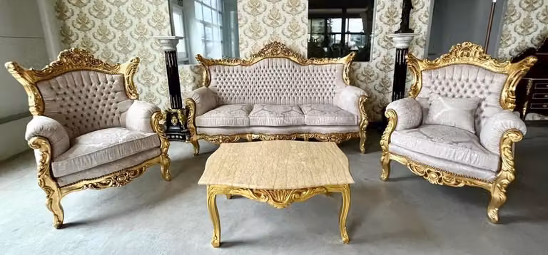 Casa Padrino Barokowy zestaw do salonu szary wzór / złoty - 1 barokowa sofa i 2 barokowe fotele - Meble do salonu w stylu barokowym - Meble barokowe - Meble do salonu w stylu barokowym
